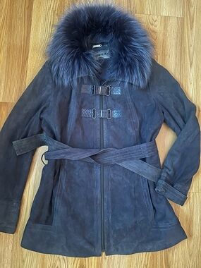 Derimod Navy Blue Fur-Collar Leather and suede Jacket